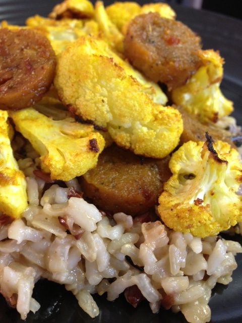 Curried Cauliflower with Vegan Sausage on Wild Rice