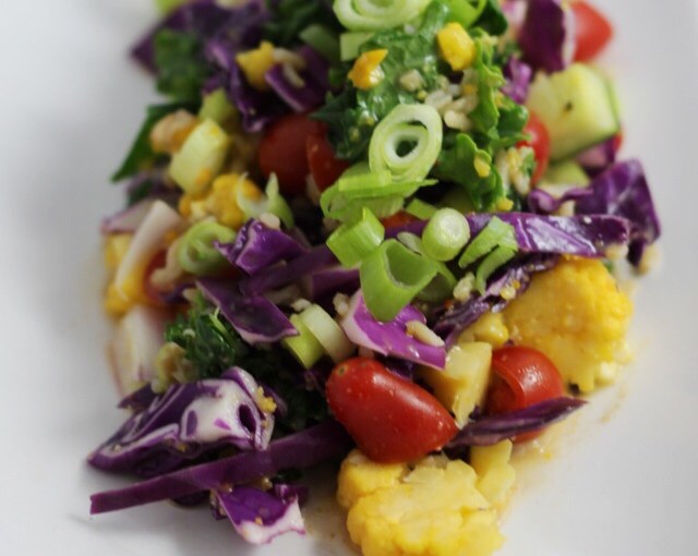 Orange cauliflower, cabbage and warm kale salad with orange&nbsp;dressing